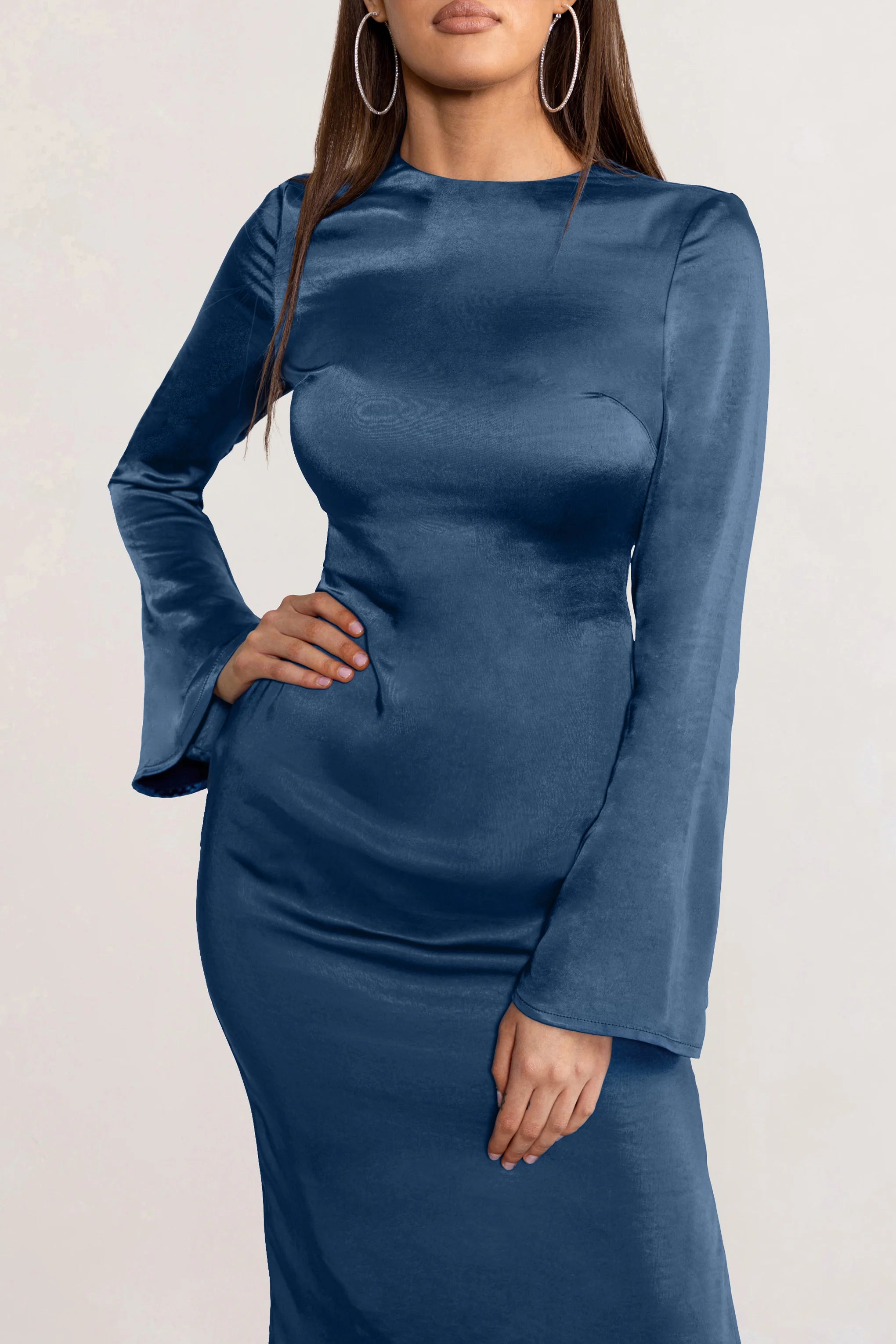 Laura | Navy Satin Long-Sleeve Midi Dress