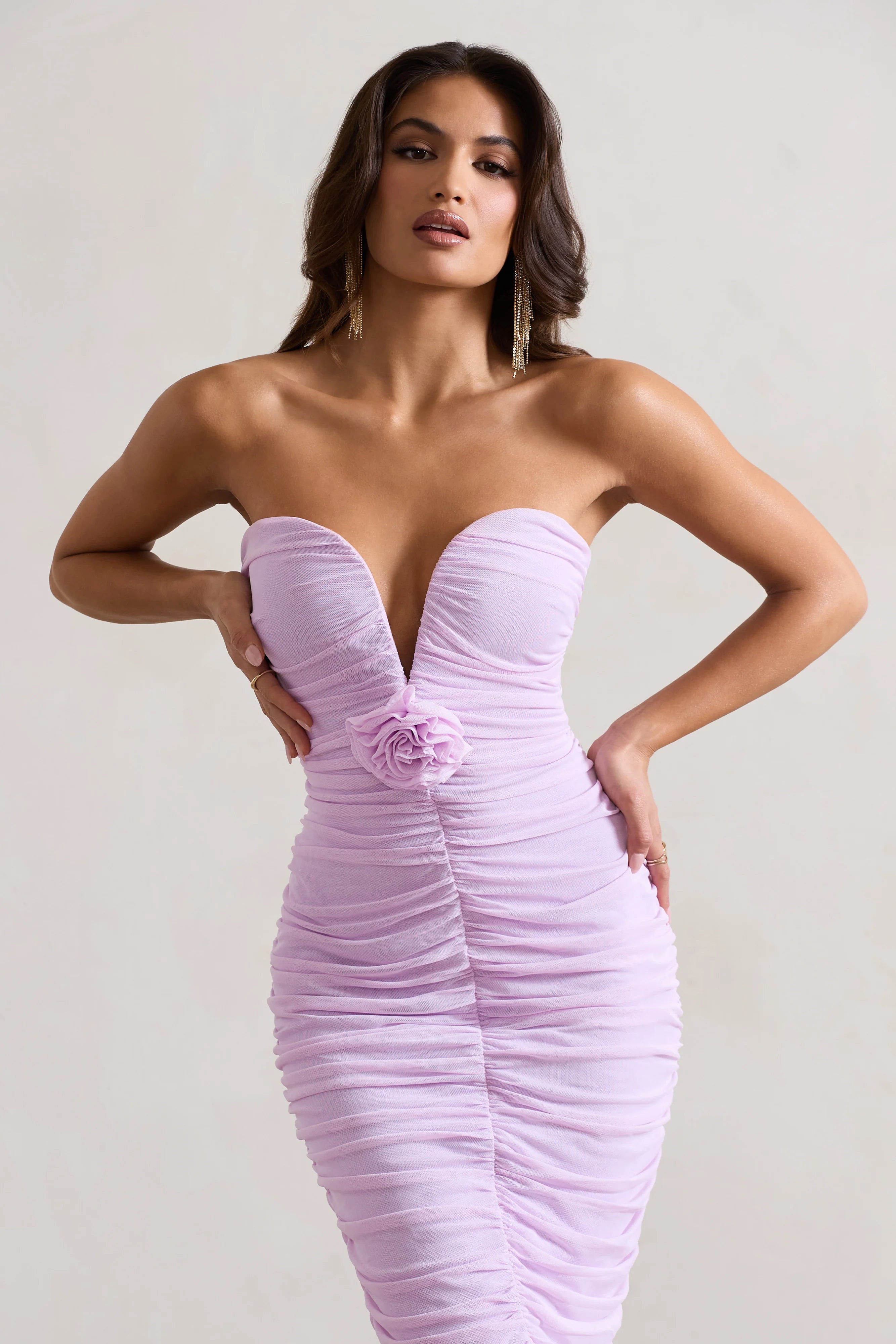 Taken | Pink Ruched Mesh Midi Dress With Corsage