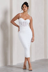 Inviting | White Ruched Corset Midi Dress