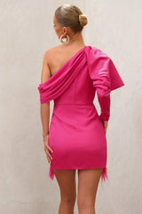 RSVP | Hot Pink Asymmetric Volume Sleeve Draped Feather Mini Dress