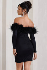 Celia | Black Plunge Neck Bardot Mini Dress With Feather Trim Detail