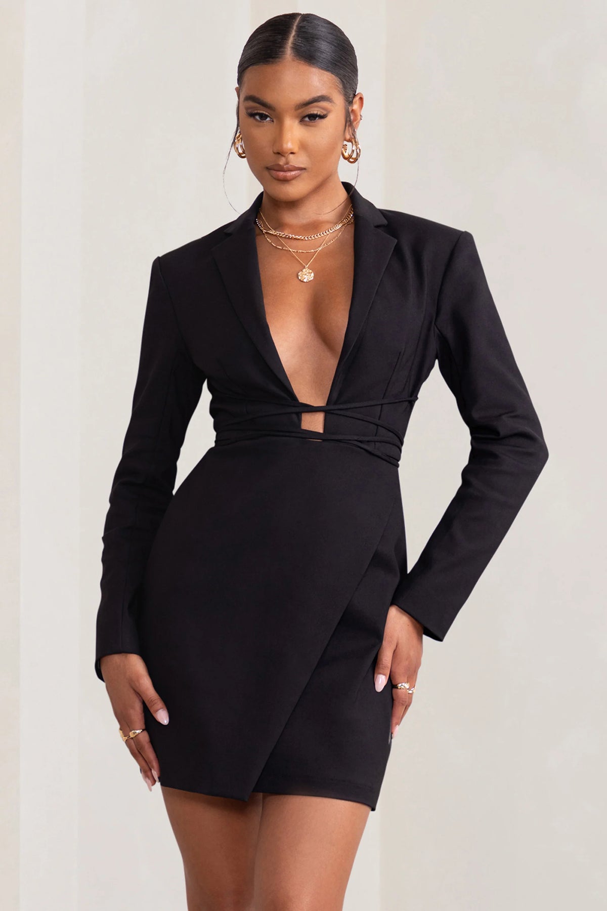 Alexandra | Black Plunge Neck Strap Detail Blazer Mini Dress