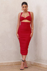 Embody | Red Cut Out Twist Front Ruched Midi Dress