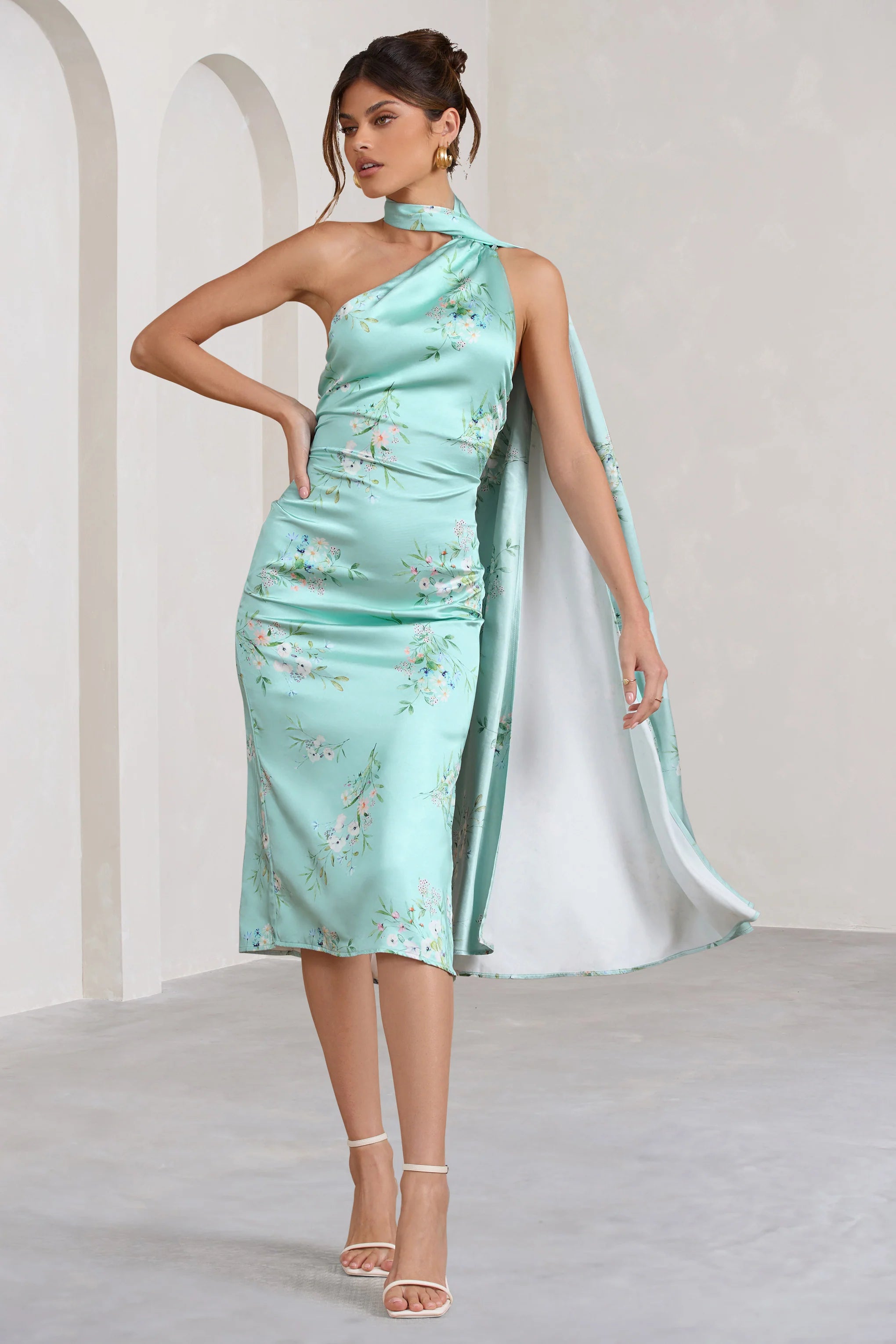 Madame | Mint Green Floral Print Satin Asymmetric Scarf Neck Backless Midi Dress