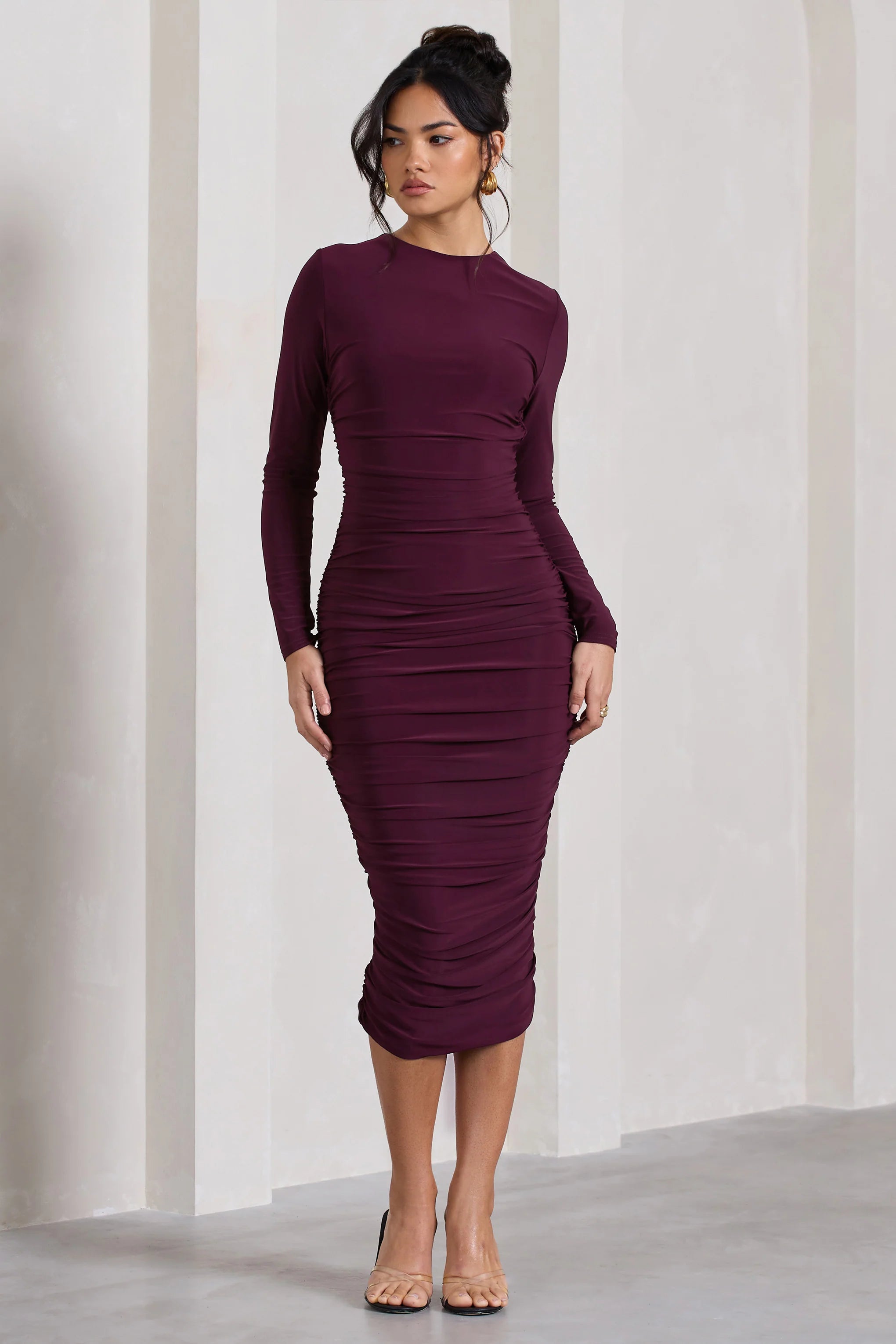 Emilie | Plum Ruched Long-Sleeve Midi Dress