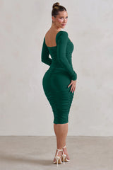 Seductress | Bottle Green Square Neck Bodycon Midi Dress With Long Sleeves