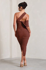 Cici | Brown Asymmetric One Shoulder Ruched Midi Dress