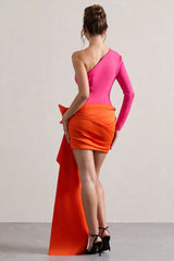 Abstract | Pink & Orange One Shoulder Mini Dress With Side Drape