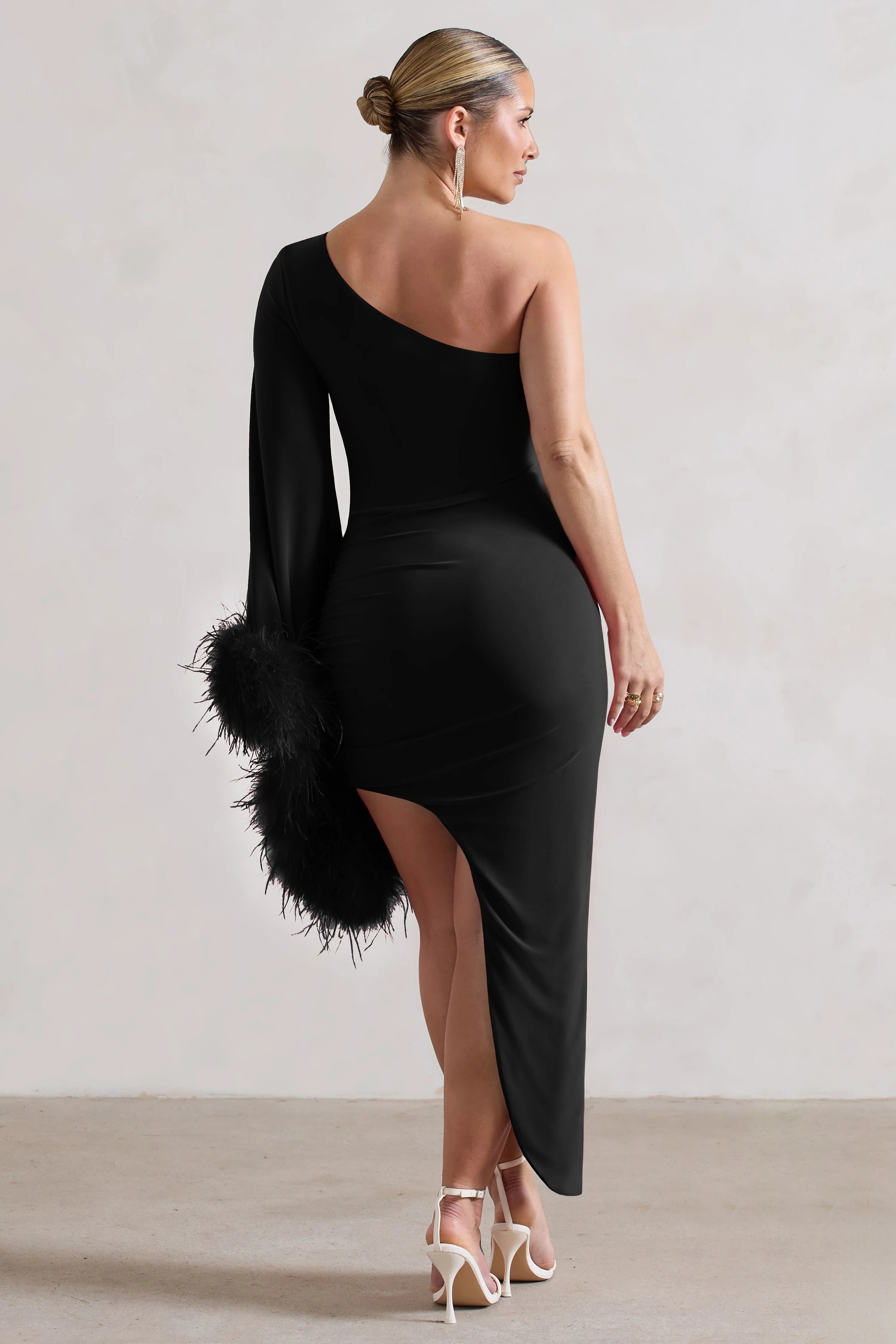 July | Black Asymmetric One Shoulder Cape Midi Dress With Feathers