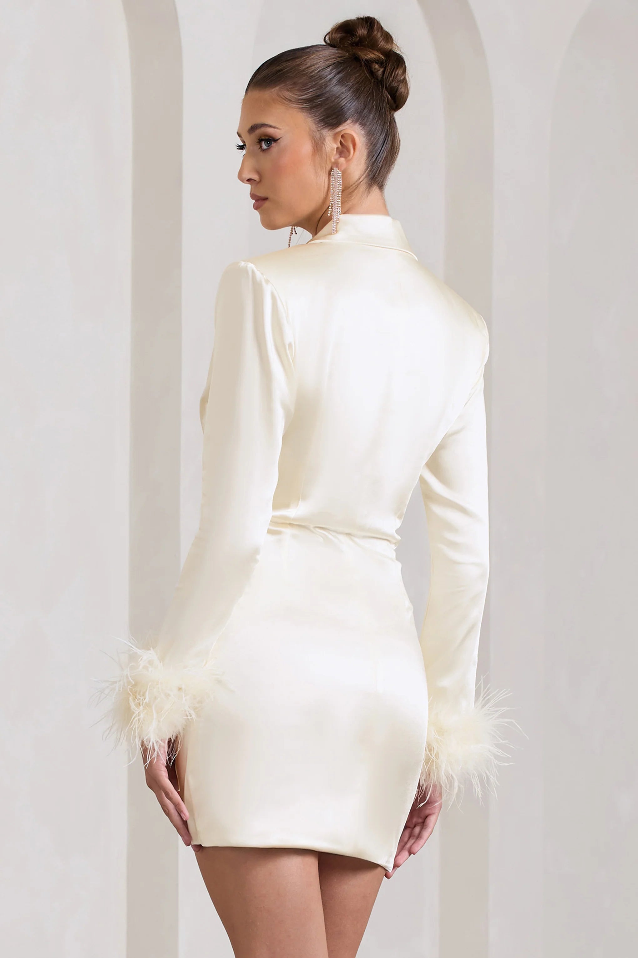 VIP | Ivory Satin Plunge Neck Blazer Mini Dress With Feather Cuff