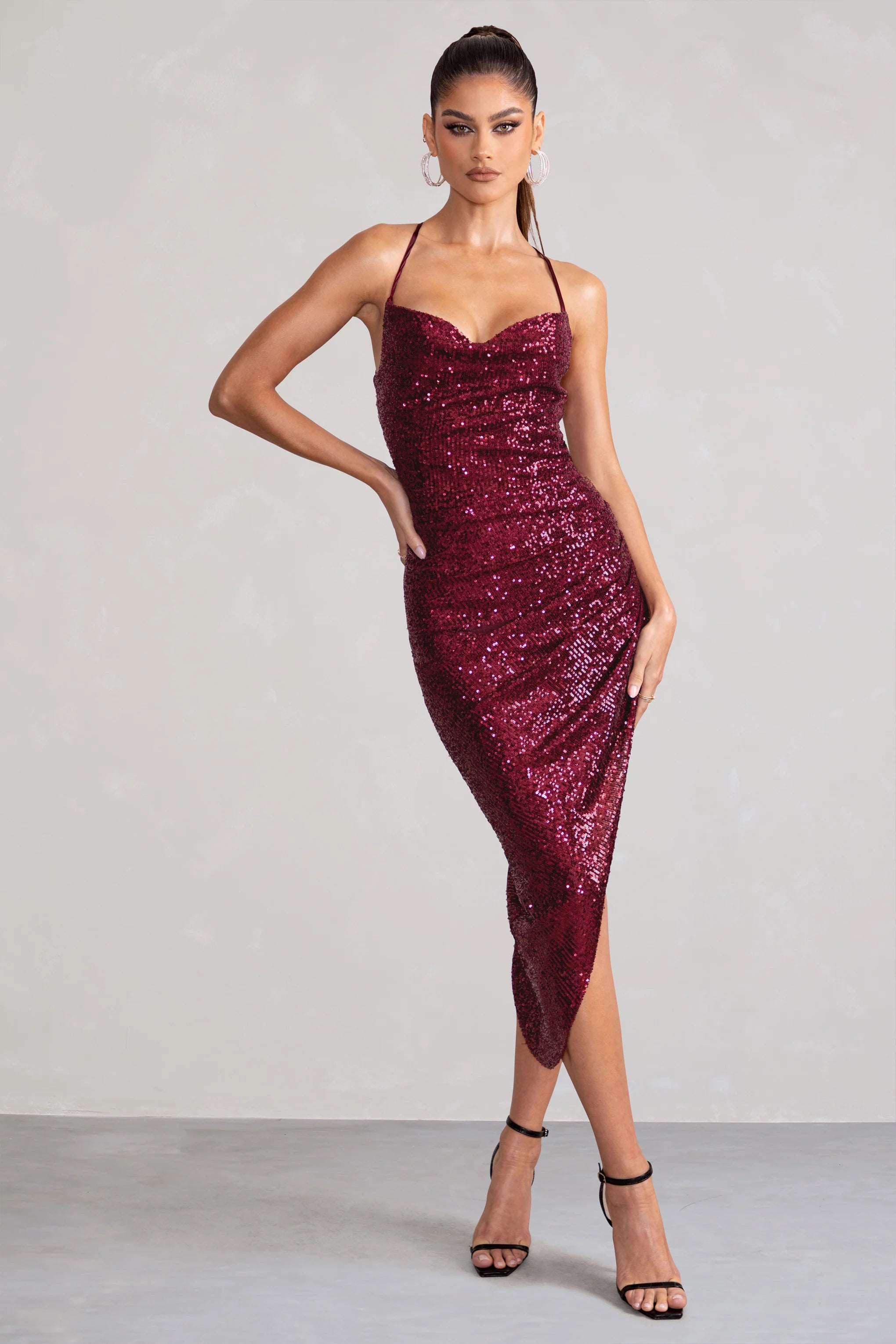 Anya | Berry Sequin Cami Cowl Neck Asymmetric Hem Midi Dress