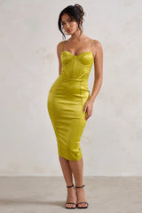 Camilla | Lime Satin Square Neck Corset Bodice Midi Dress