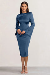 Laura | Navy Satin Long-Sleeve Midi Dress