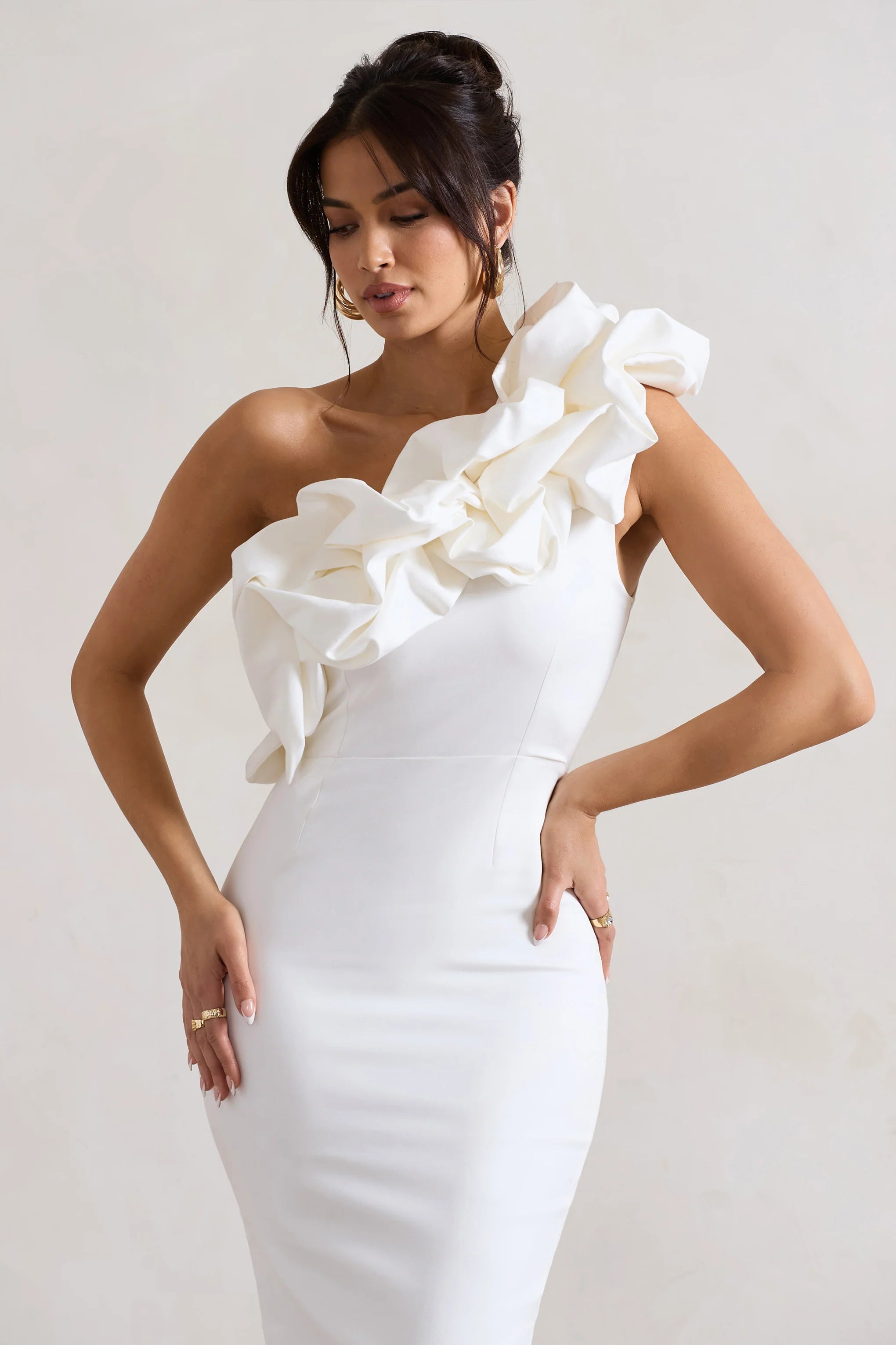 Orchestra | White One Shoulder Ruffled Midi Dress