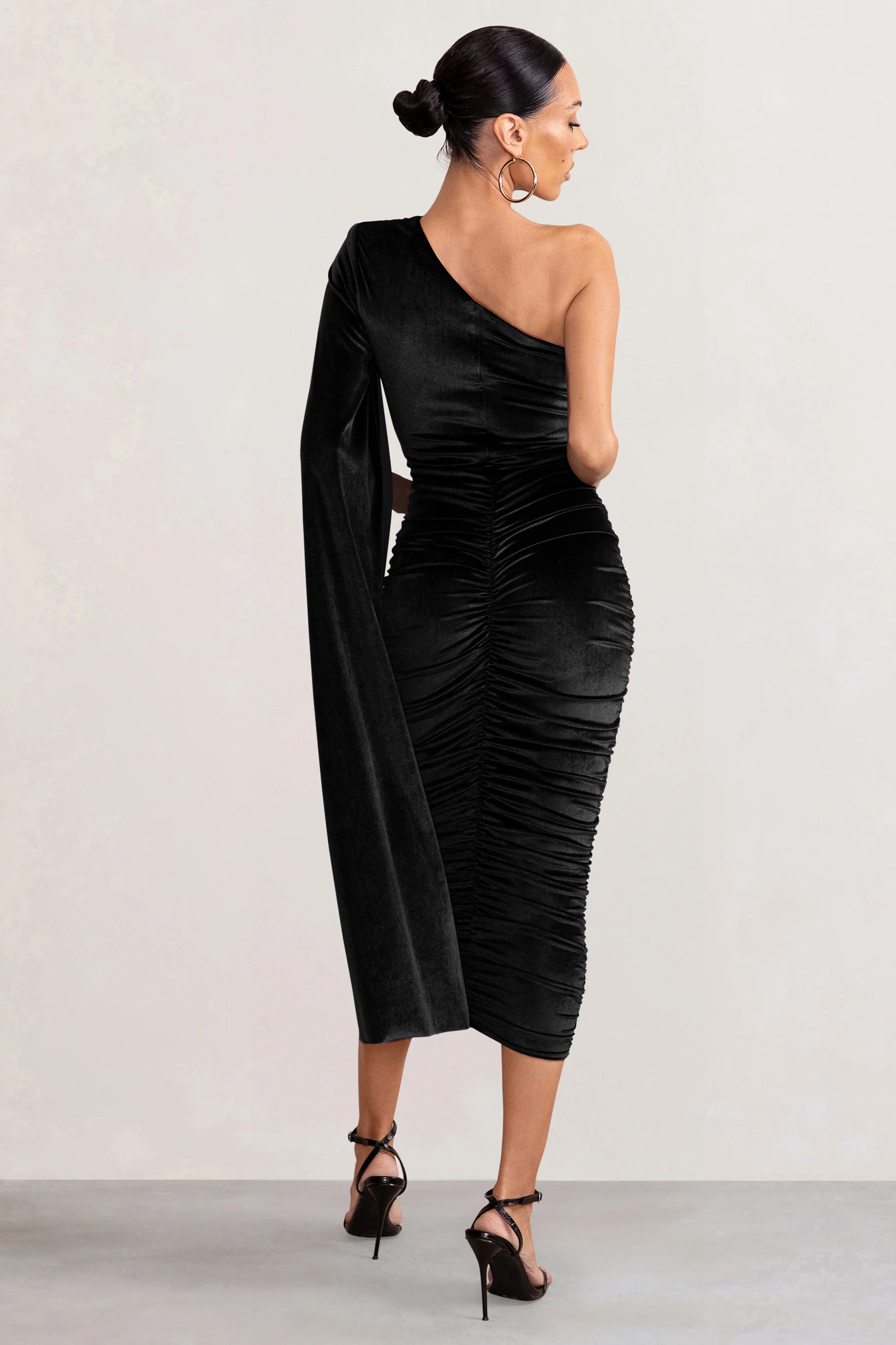 Gianna | Black Velvet One Shoulder Cape Bodycon Midi Dress