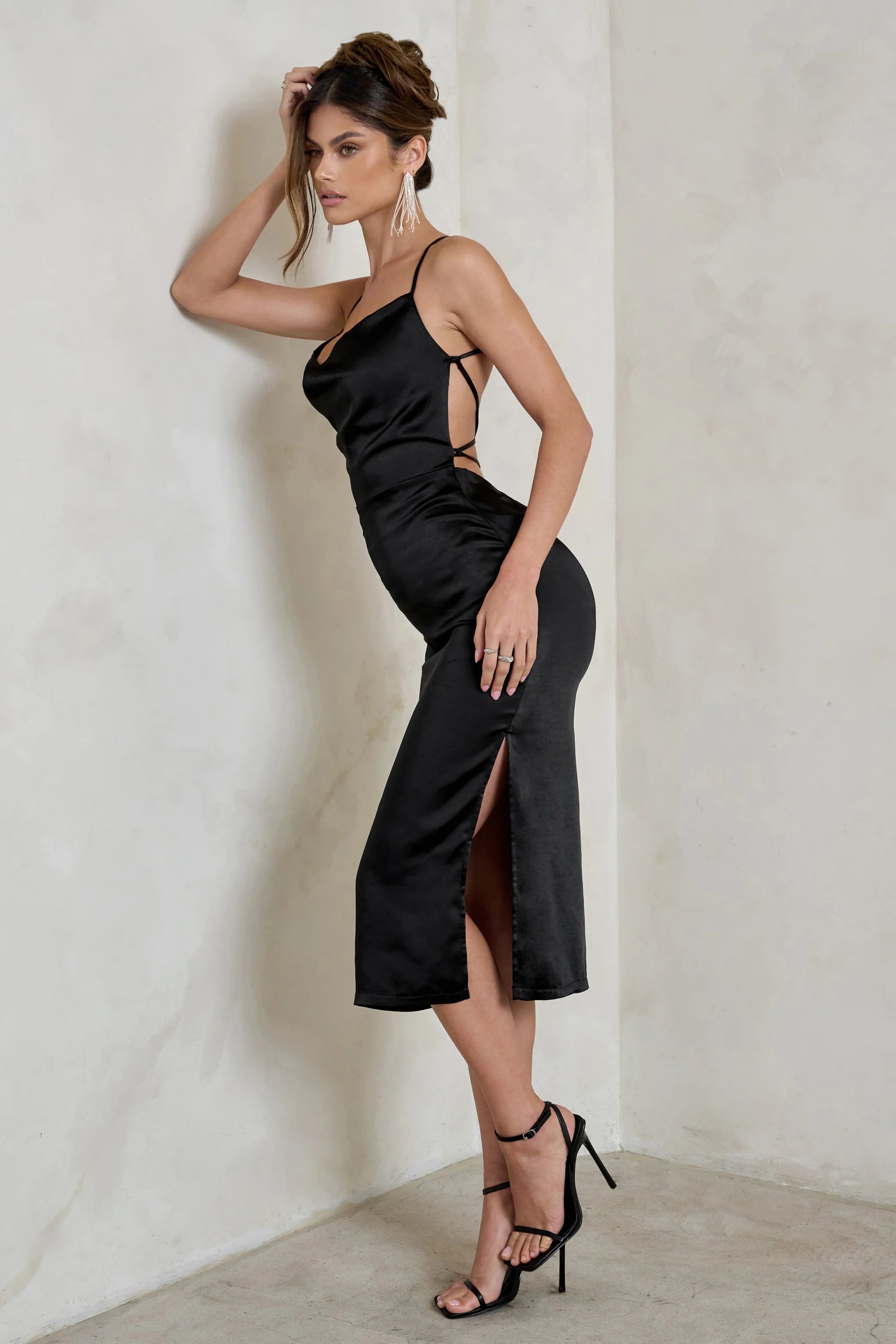 Aja | Black Cowl Cami Midi Dress With Waist Tie