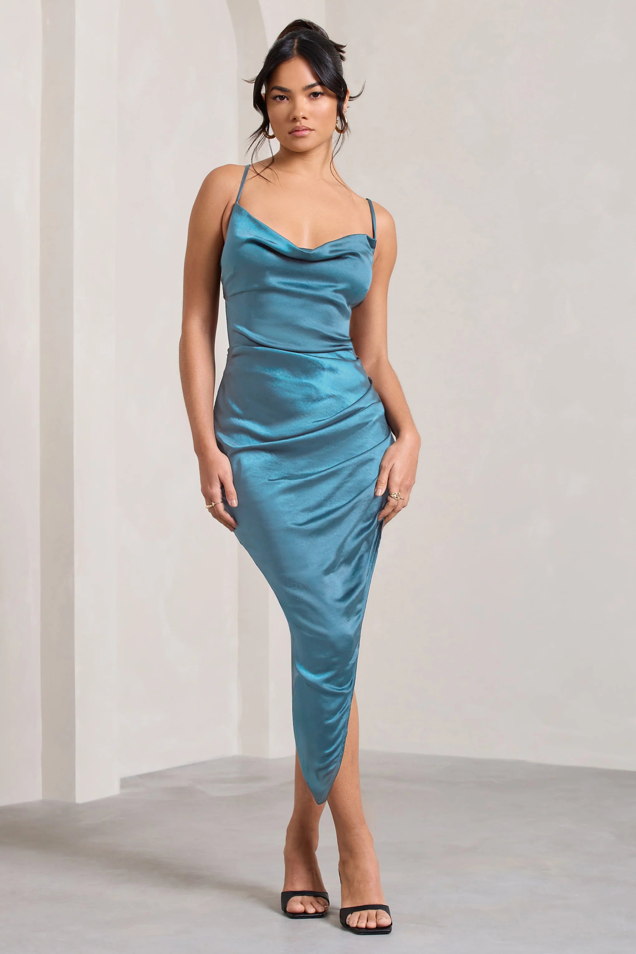 Risk It All | Blue Cami Cowl Neck Asymmetric Hem Midi Dress