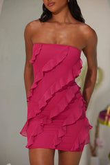 Bandeau Ruffle Detail Mini Dress in Fuchsia