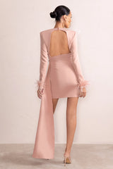 In Your Mind | Pink Plunge Neck Mini Dress With Feather Cuff And Statement Sash