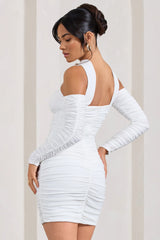 Thea | White Ruched Long-Sleeved Bodycon Mini Dress With Halter Collar