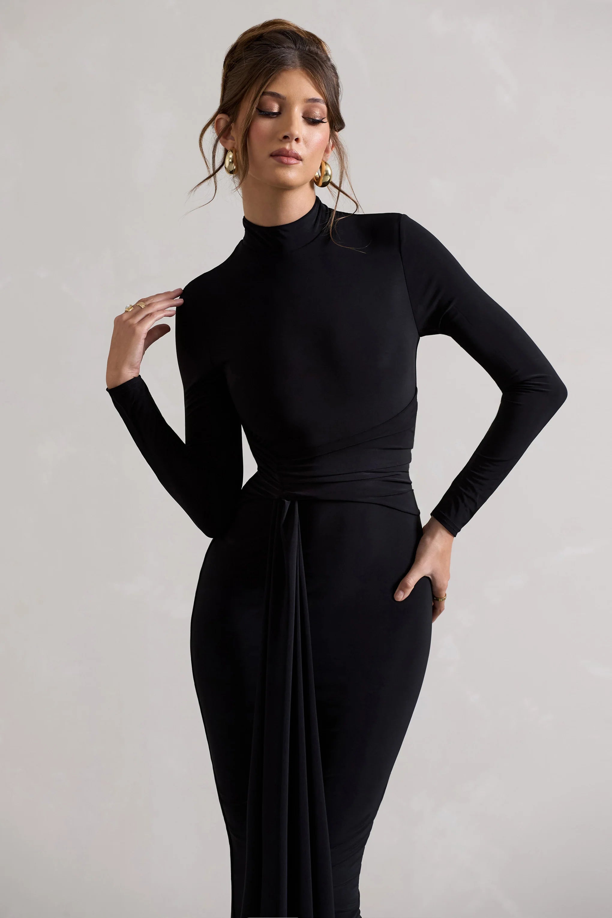 Nikita | Black High-Neck Midi Dress With Drape