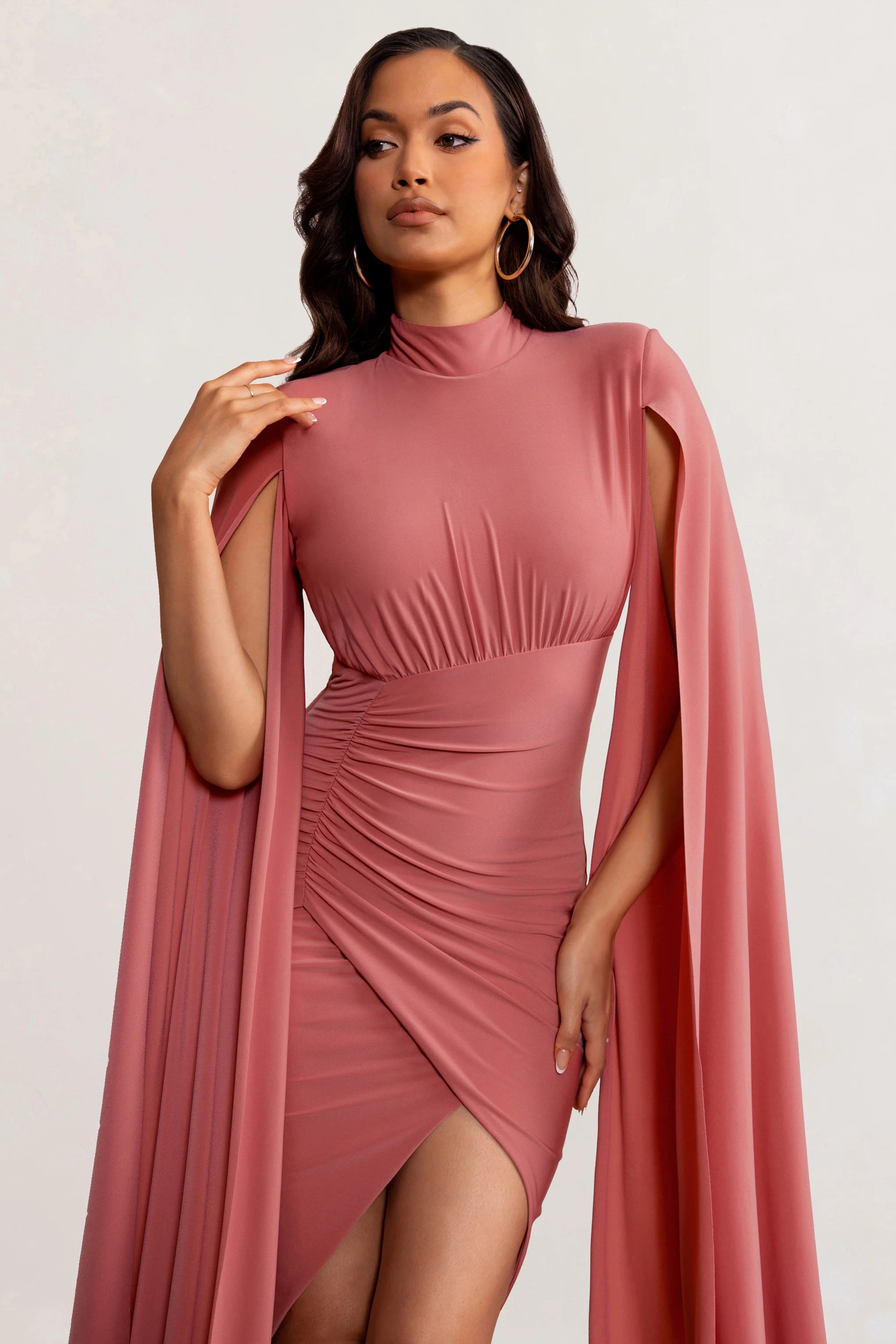 Sara | Blush High Neck Ruched Midi Dress with Cape Sleeves