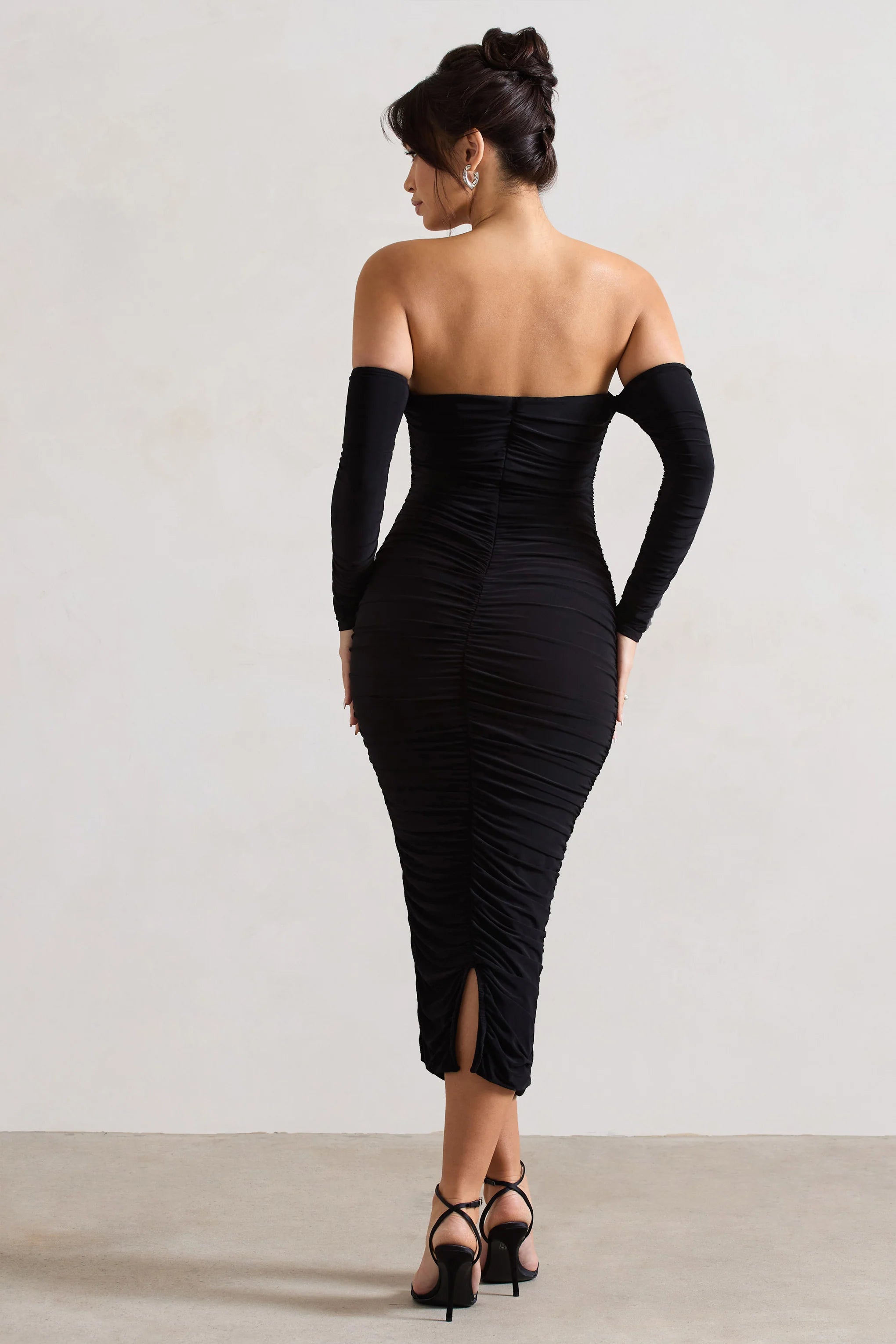 Anissa | Black Ruched Bardot Midi Dress