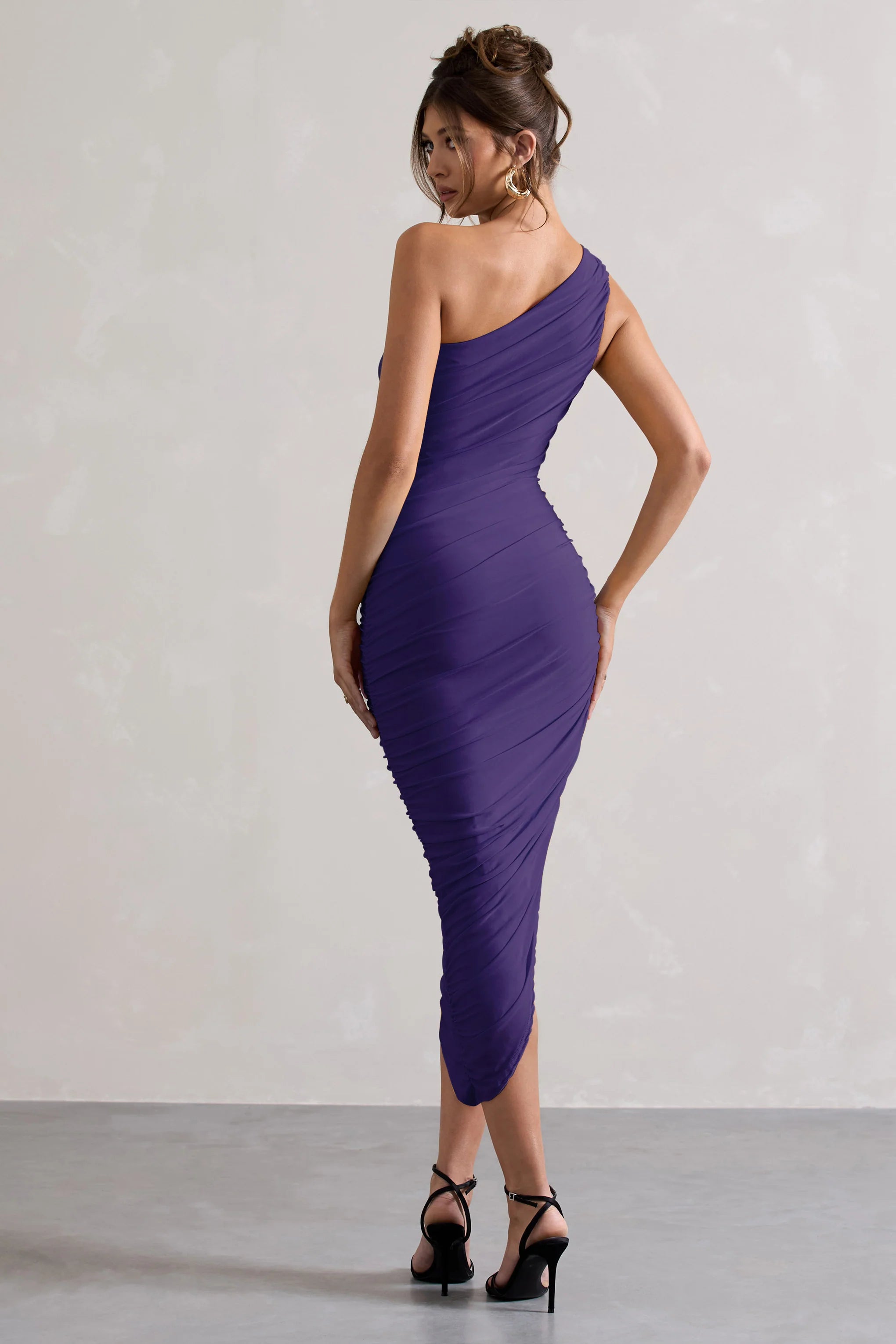 Dorit | Purple One Shoulder Asymmetric Ruched Midi Dress