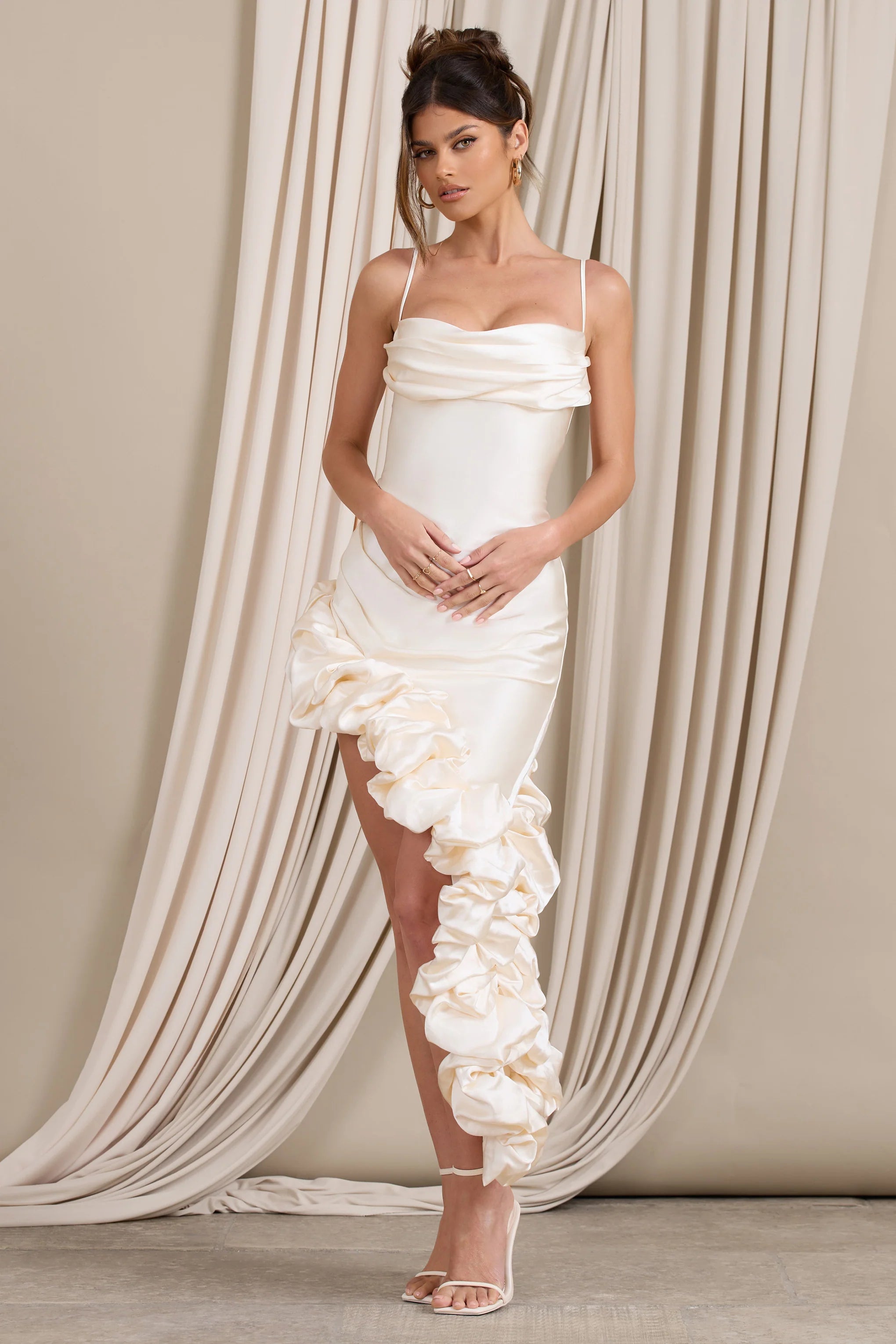 Florence | Off White Satin Asymmetric Ruffle Cowl Midi Dress