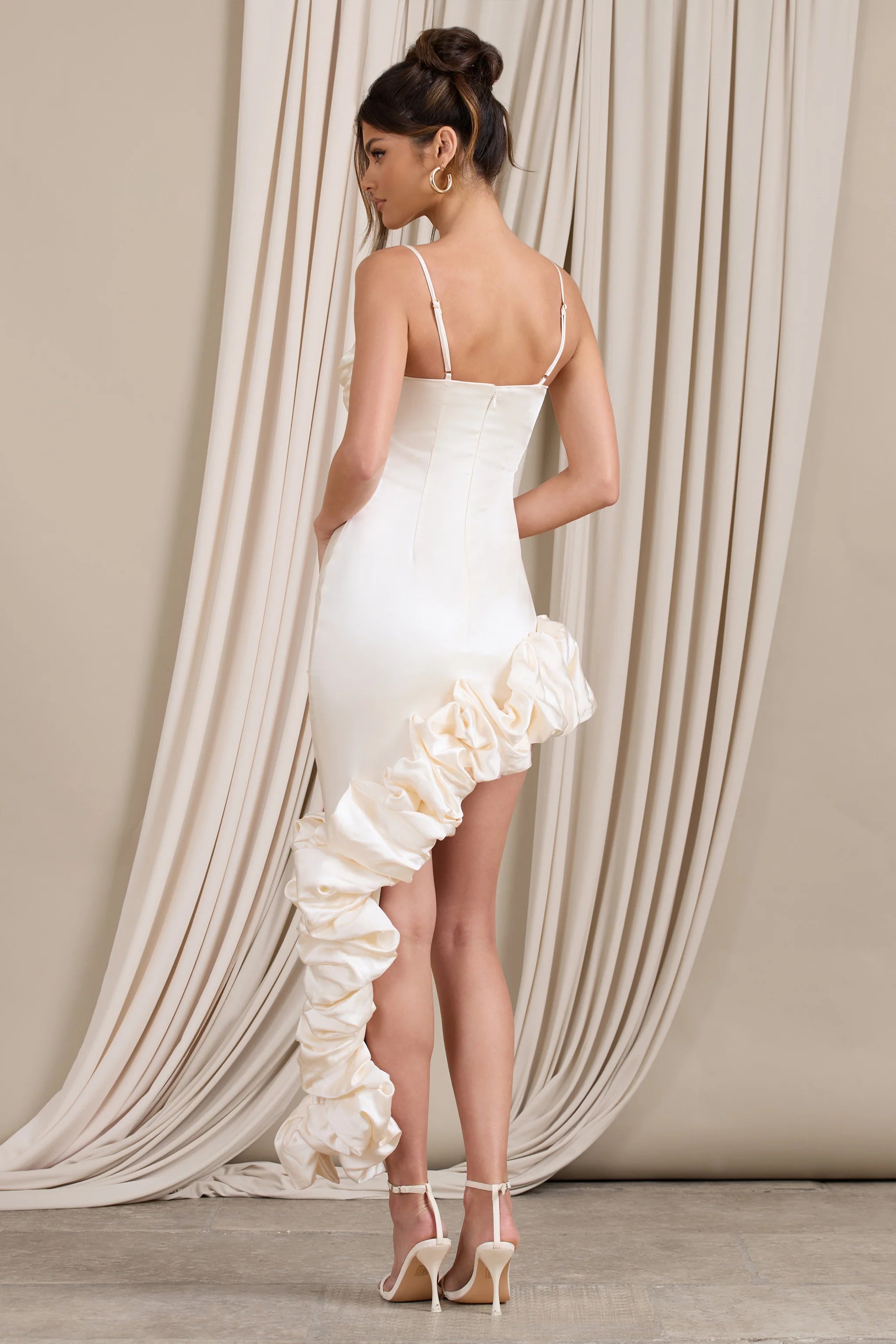 Florence | Off White Satin Asymmetric Ruffle Cowl Midi Dress