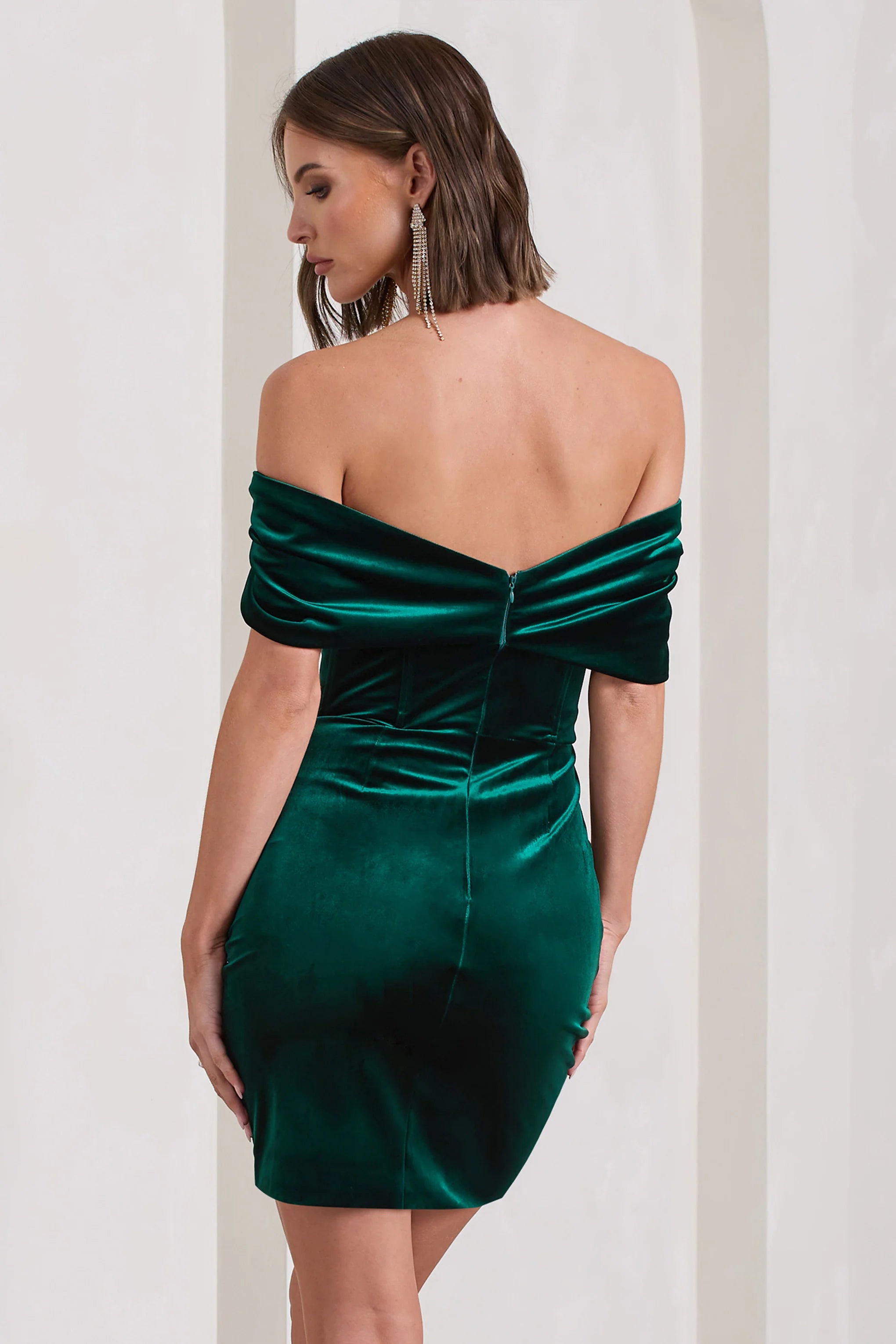 Snowdrop | Bottle Green Velvet Bardot Wrap Mini Dress