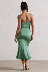 Just A Moment | Soft Green Satin Cowl-Neck Midi Dress With Tie Waist