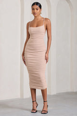 Bree | Nude Ruched Mesh Strappy Bodycon Midi Dress