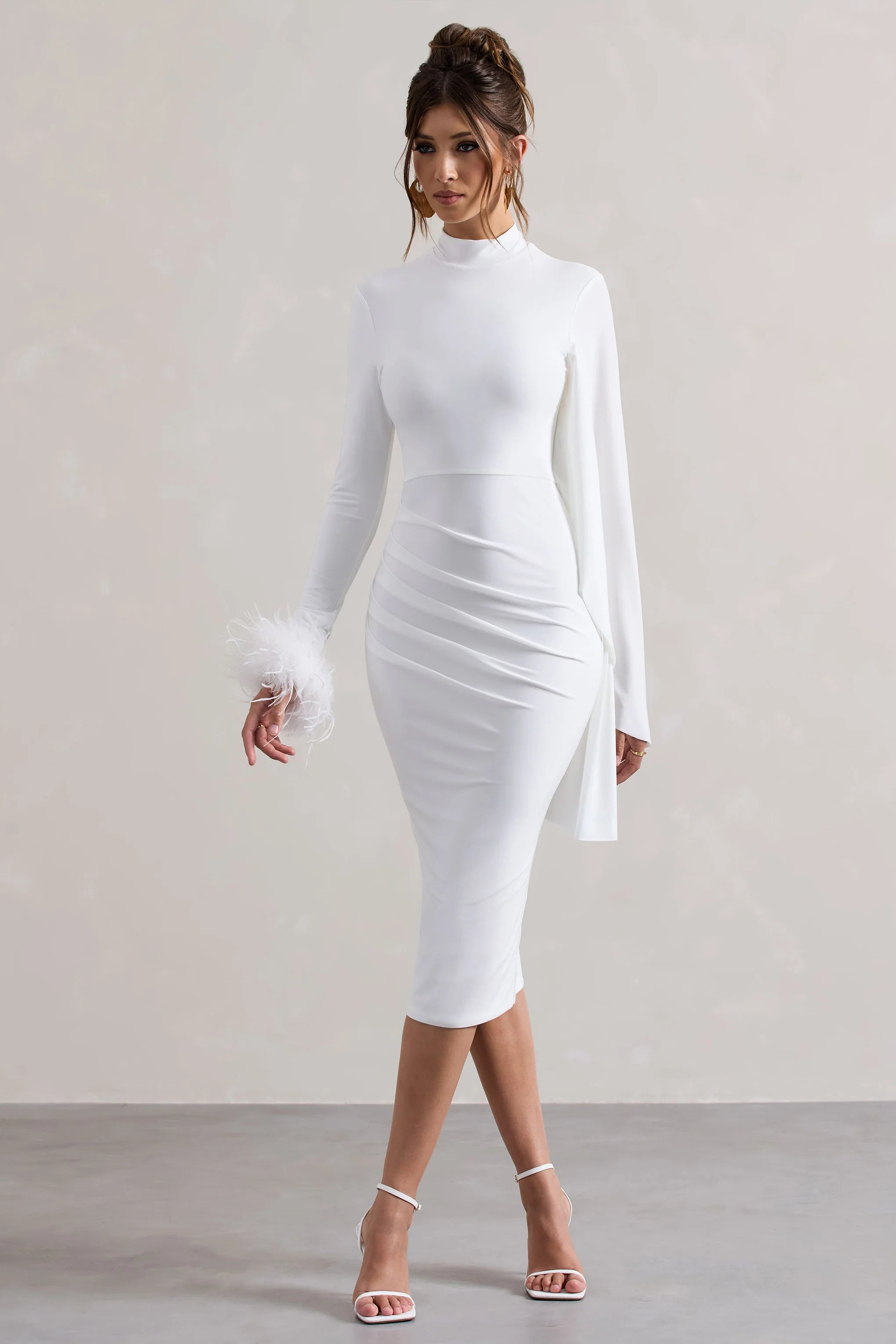 Tamika | White High-Neck Cape-Sleeve Midi Dress With Feathers