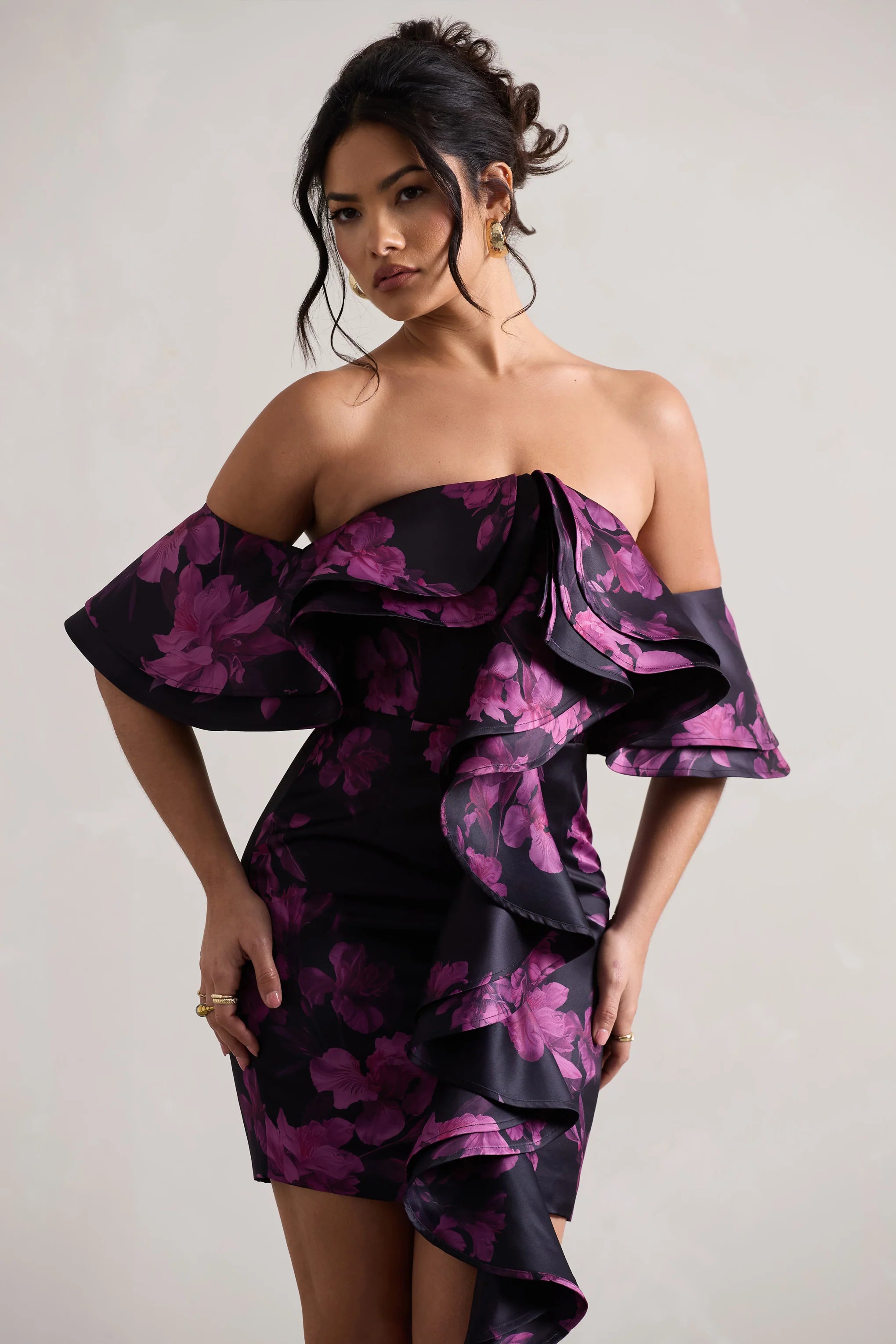 Aspen | Black Floral Print Bardot Mini Dress With Ruffles