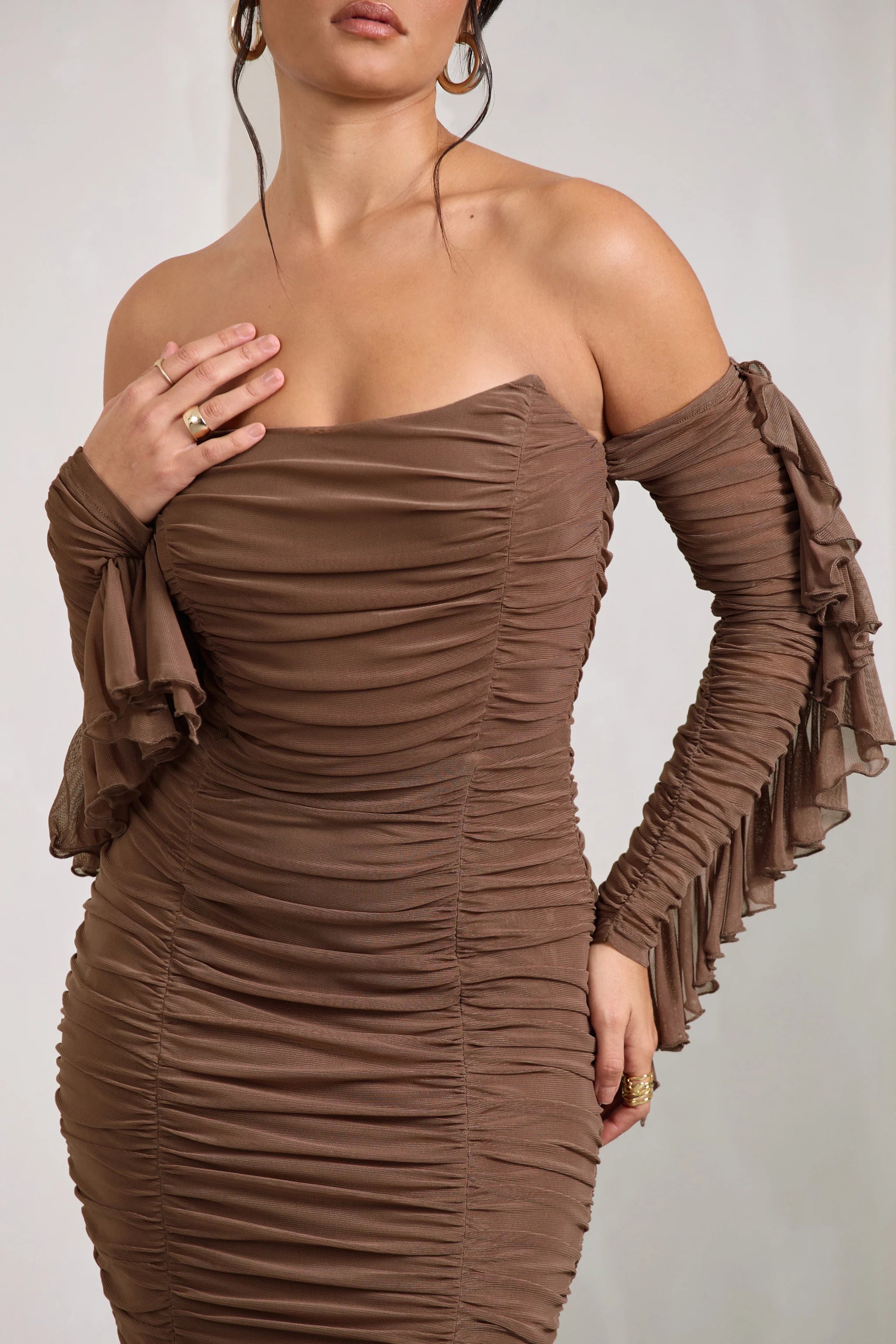 Favor | Mocha Ruched Mesh Bardot Midi Dress