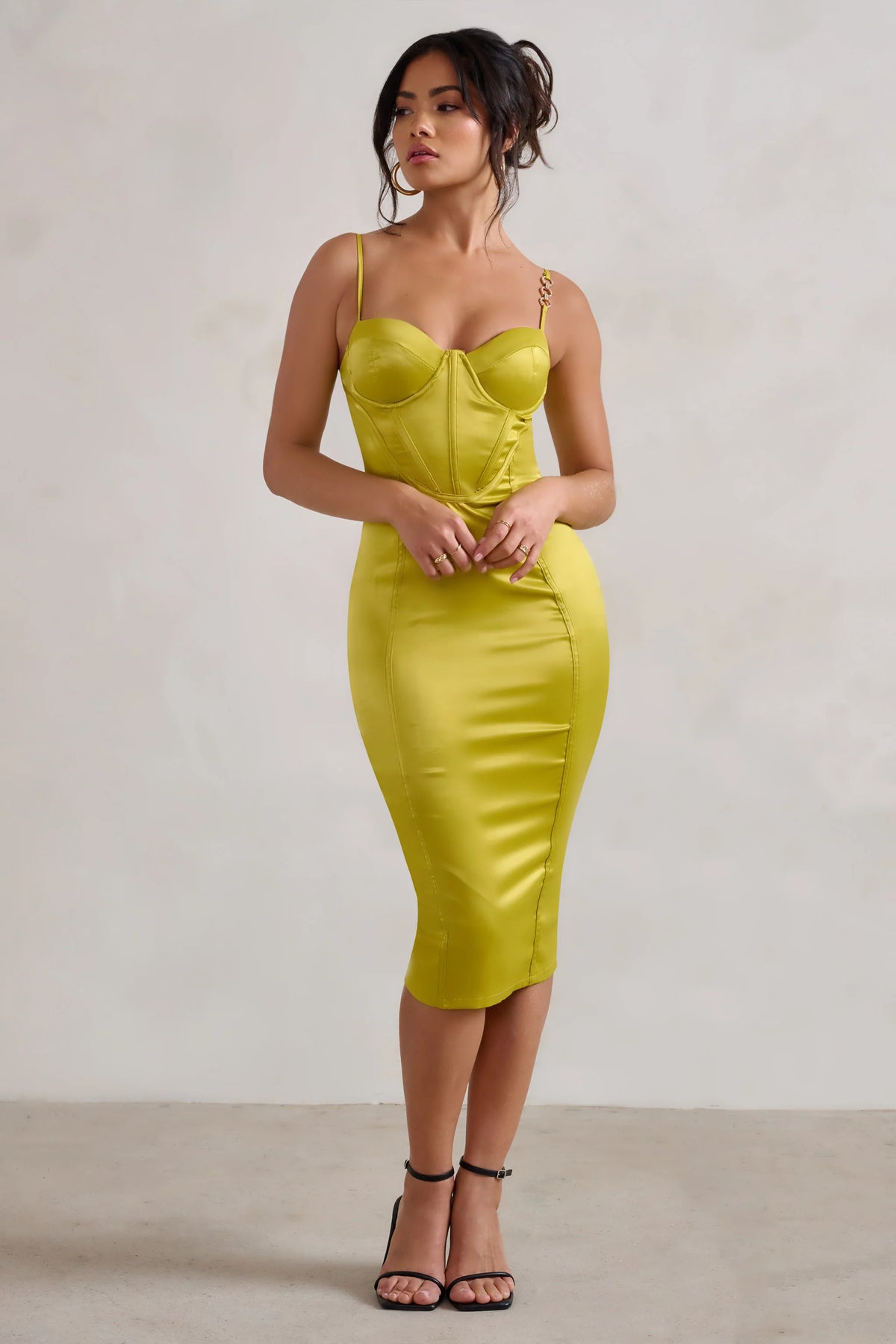 Camilla | Lime Satin Square Neck Corset Bodice Midi Dress