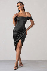 Deserving | Black Satin Bardot Sleeve Corset Wrap Midi Dress