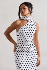 Golden Girl | White Polka Dot One Shoulder High-Neck Flared Midi Dress