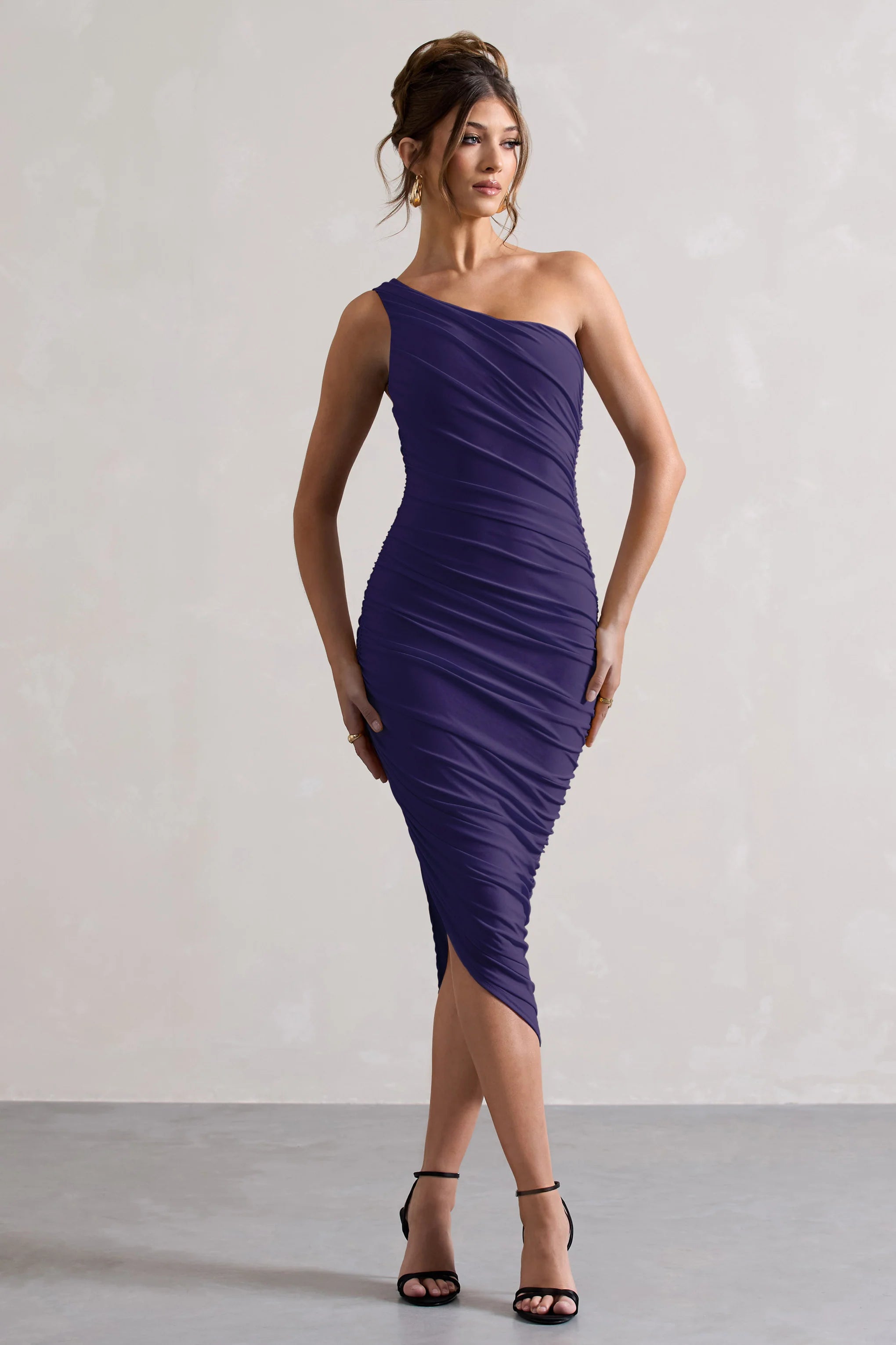 Dorit | Purple One Shoulder Asymmetric Ruched Midi Dress