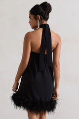 Femme | Black Halter-Neck Smock Mini Dress With Feather Hem