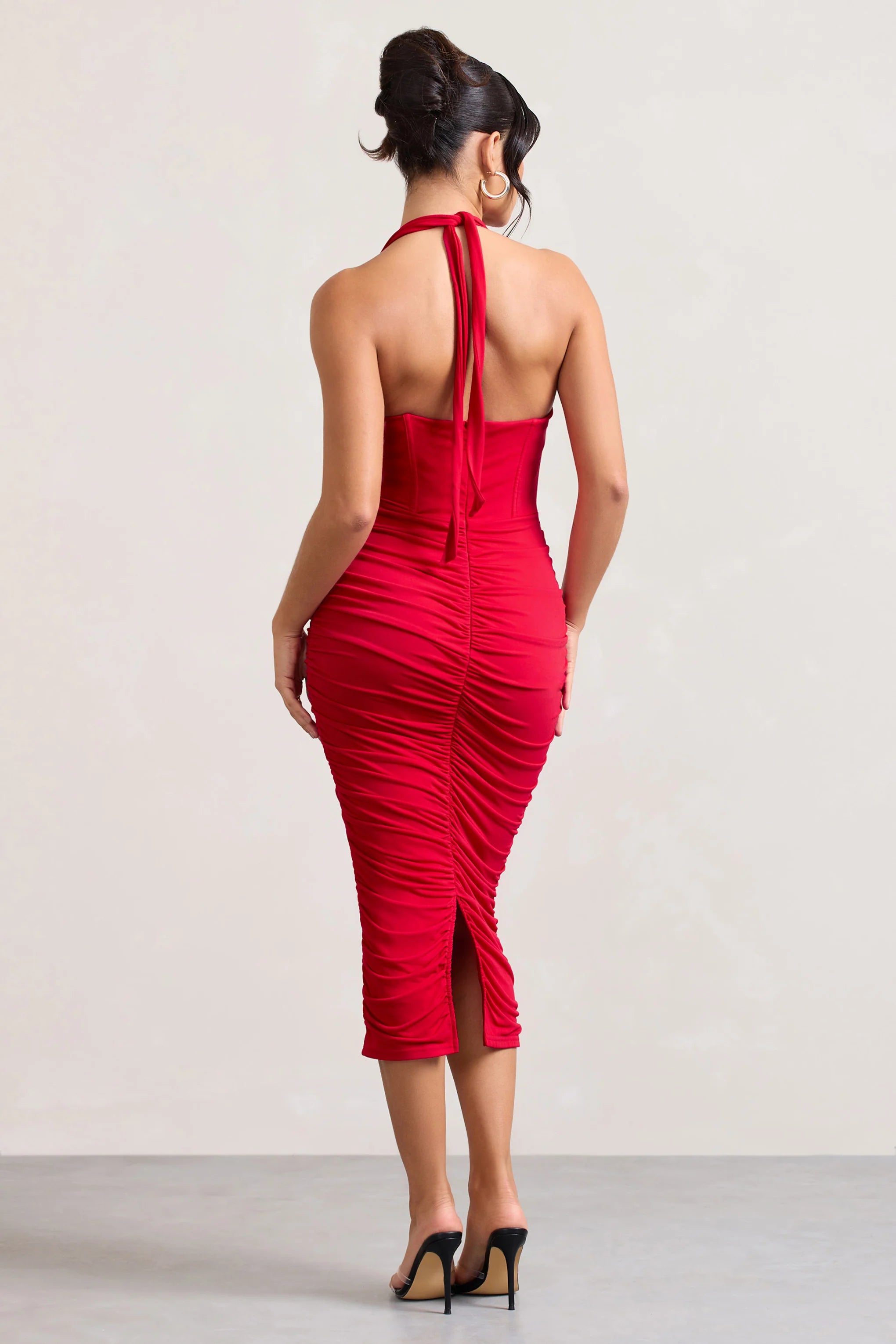 Amy | Red Halter-Neck Corset Ruched Midi Dress