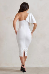 Samantha | White One Shoulder Bow Detail Midi Dress