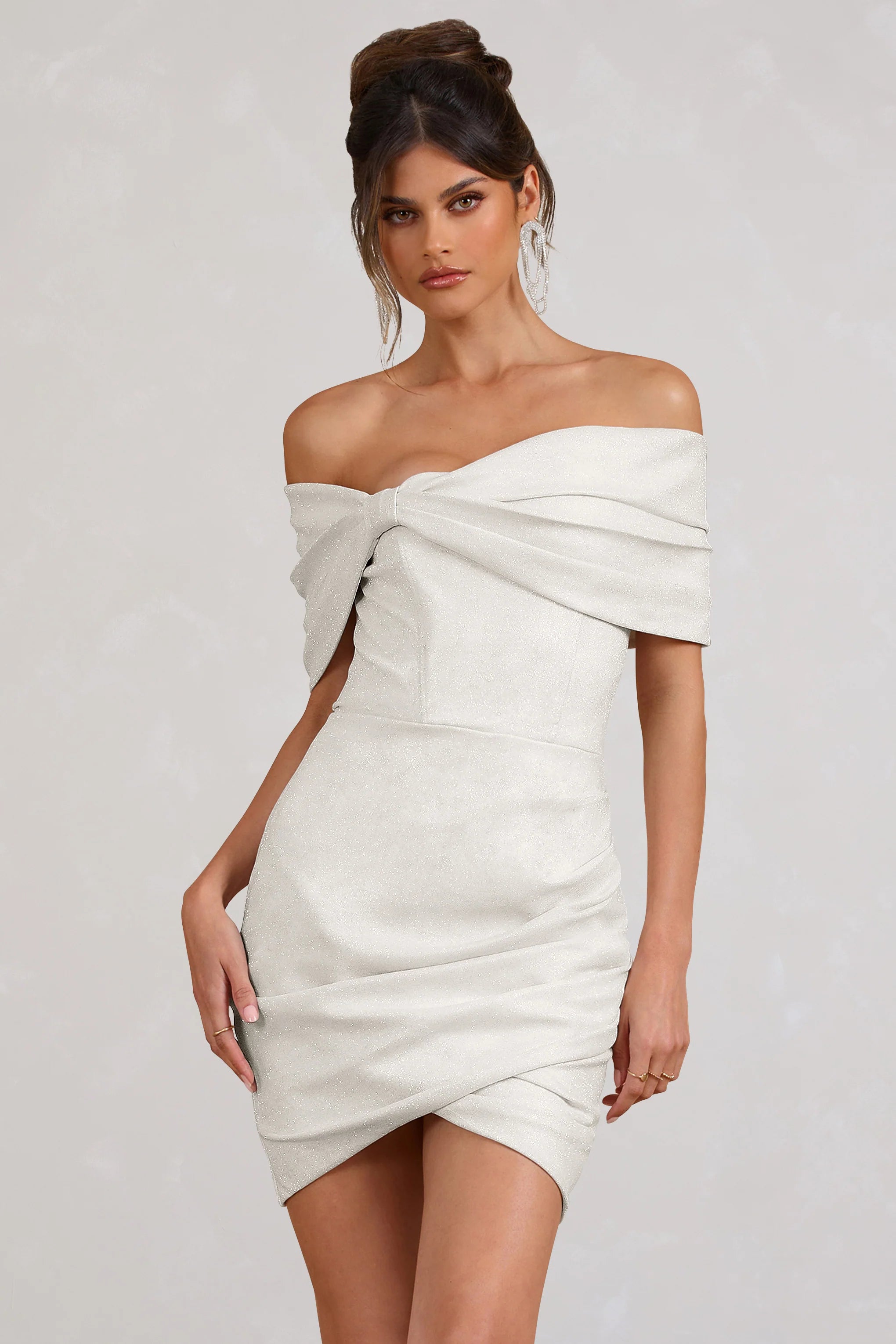 Snowdrop | White Glitter Bardot Wrap Mini Dress