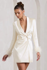 VIP | Ivory Satin Plunge Neck Blazer Mini Dress With Feather Cuff