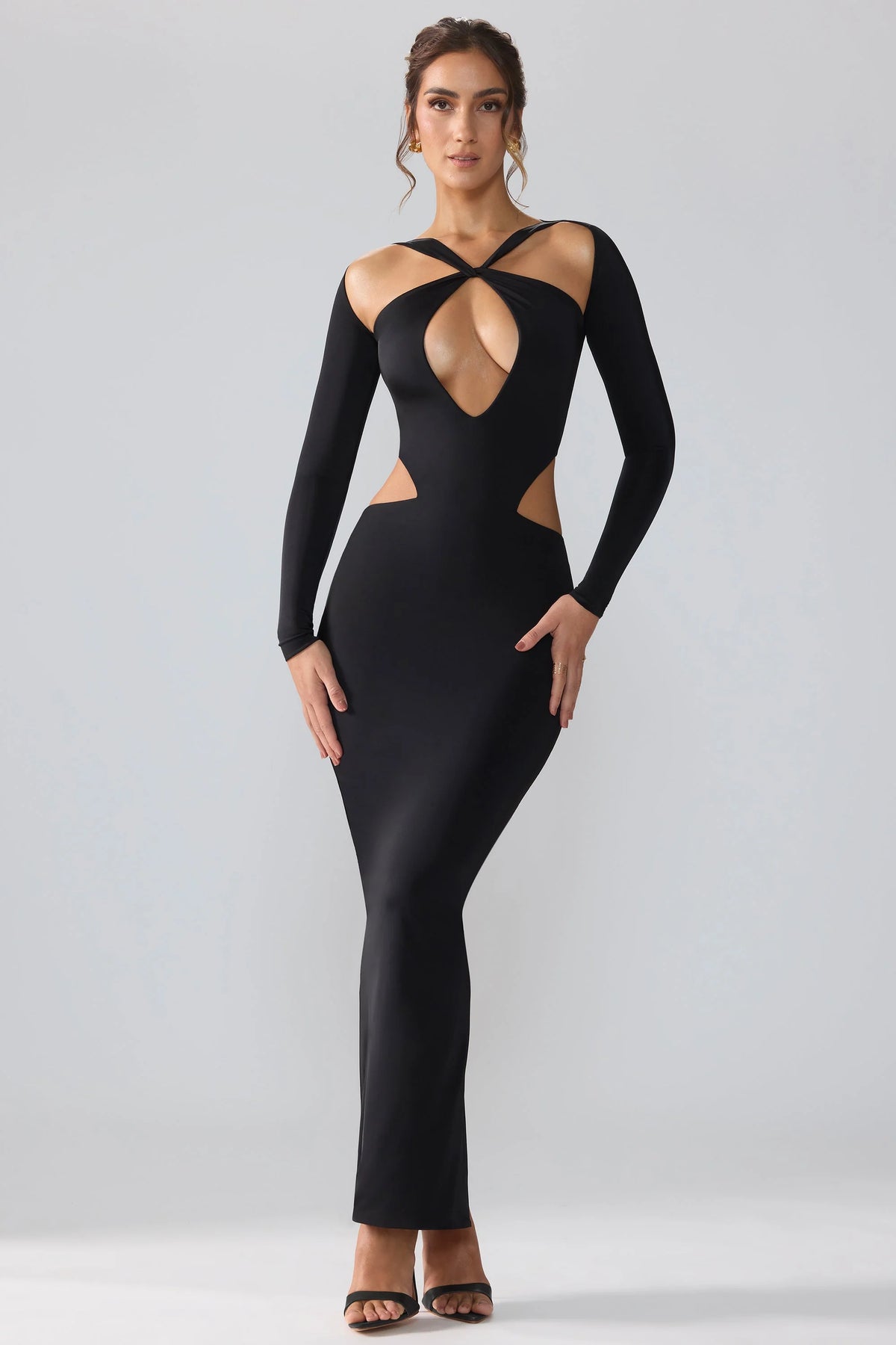 Premium Jersey Long Sleeve Cut Out Maxi Dress in Black