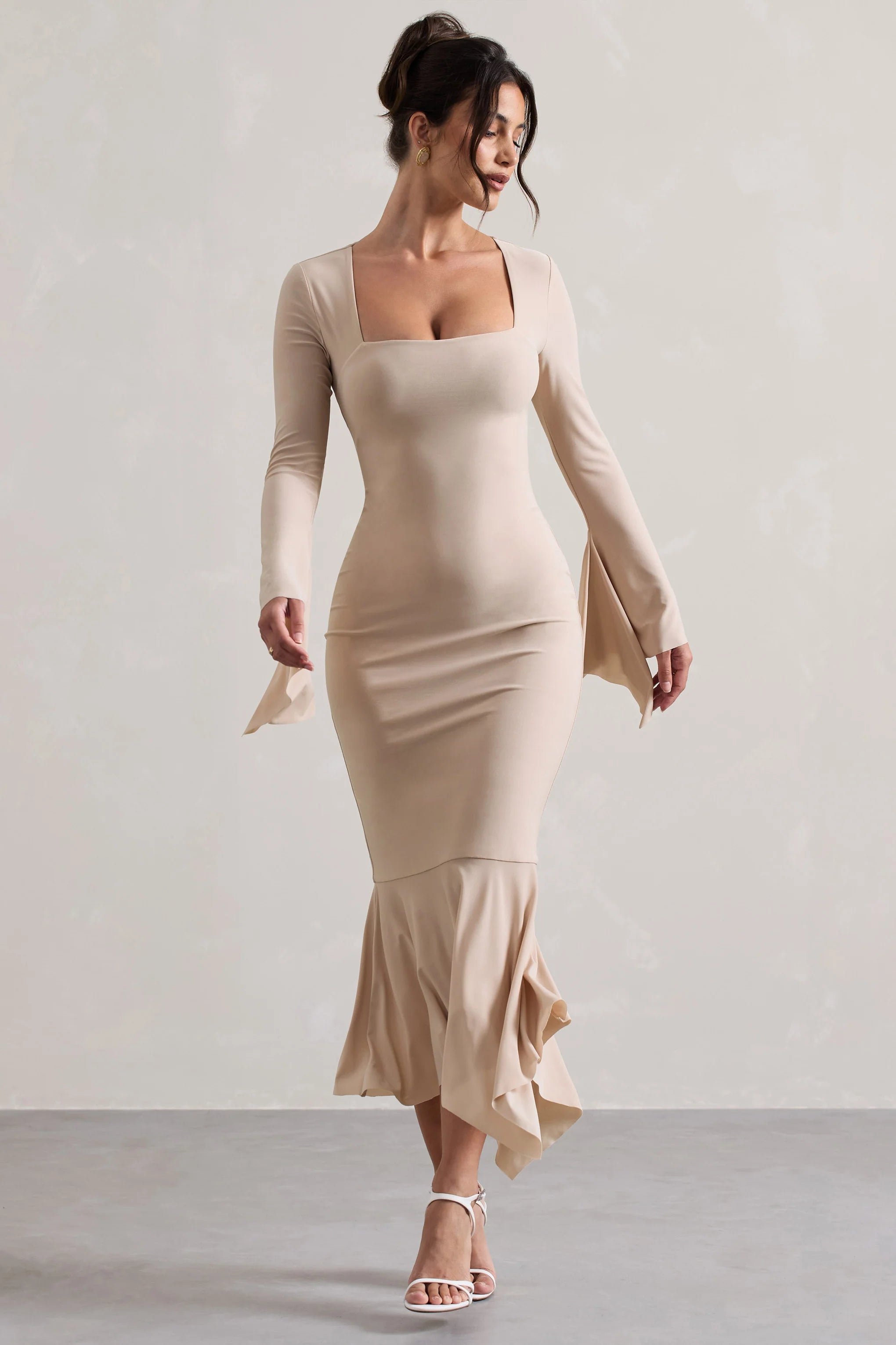 Meliora | Champagne Square-Neck Flute-Sleeve Asymmetric Midi Dress