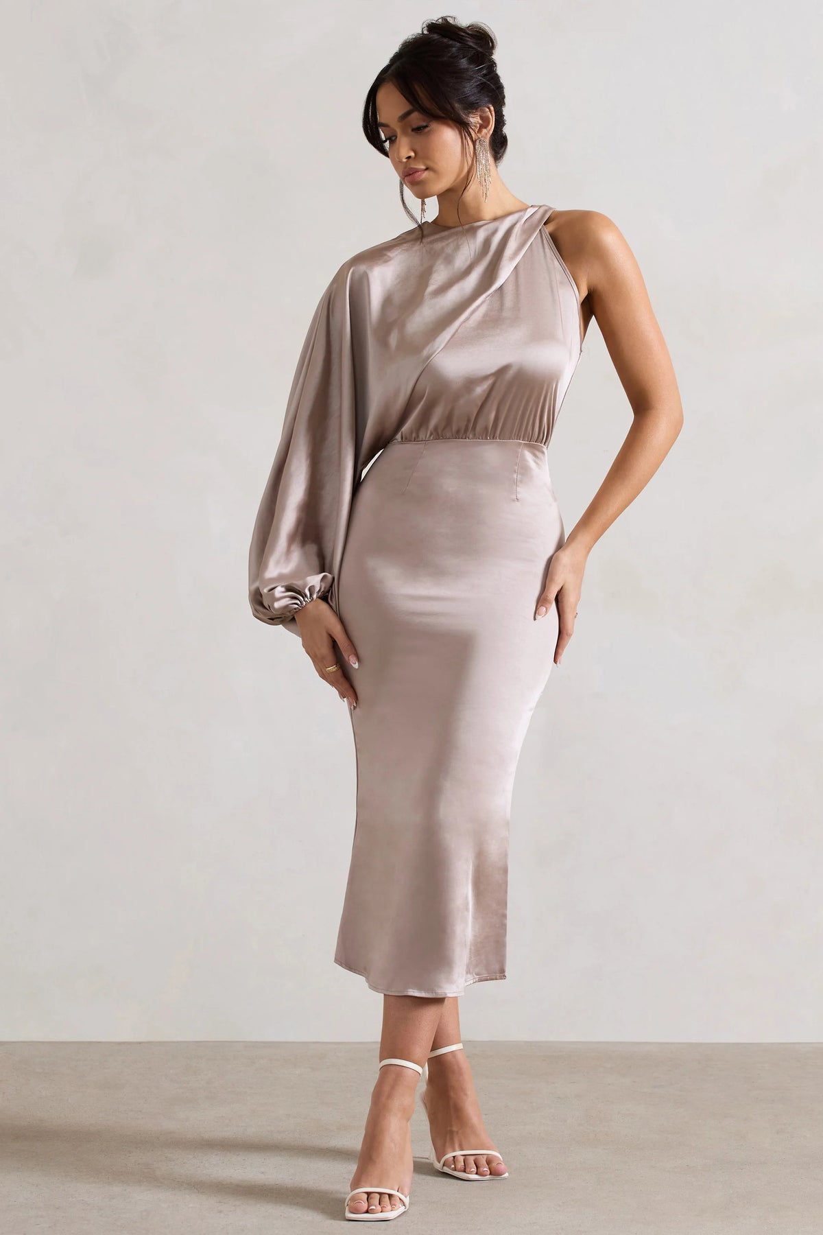 Nola | Taupe Satin One-Sleeve Midi Dress