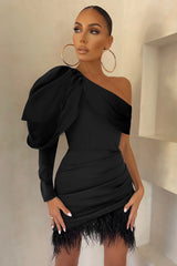 RSVP | Black Asymmetric Volume Sleeve Draped Feather Mini Dress