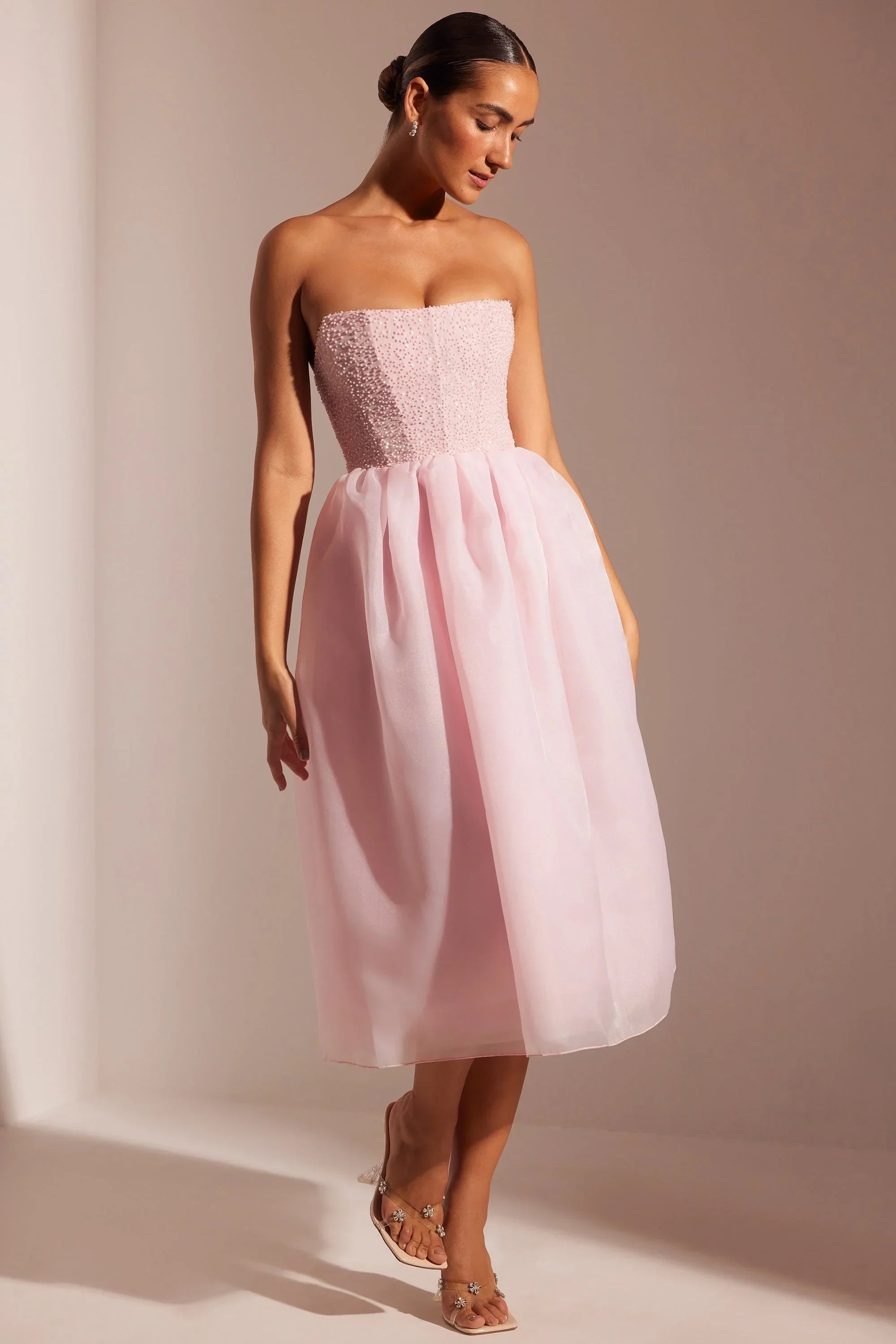 Embellished Corset Tulle Skirt Midi Dress in Blush